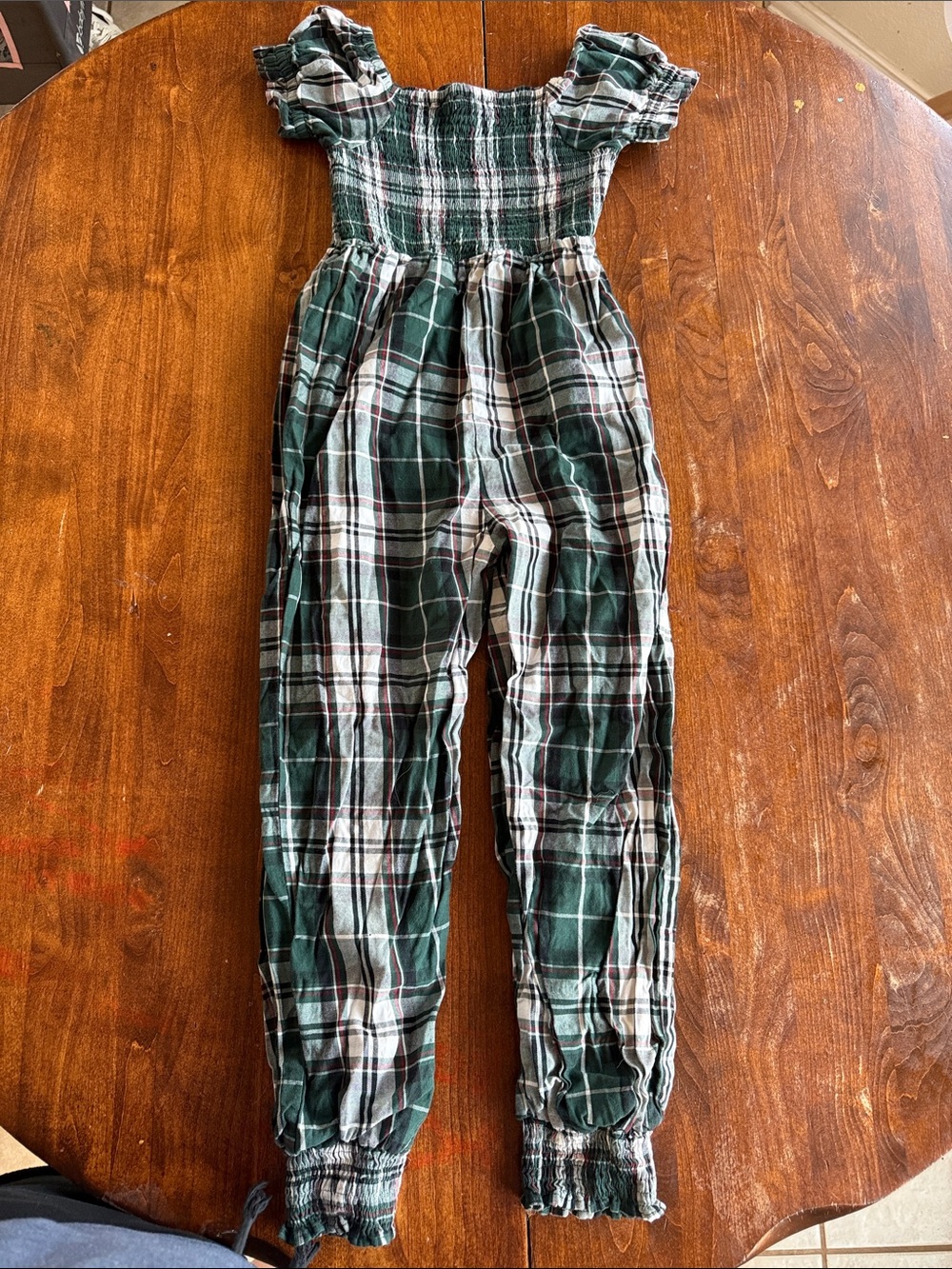 SweetHoney Green Plaid Smocked Jumpsuit with Ruffle Sleeves